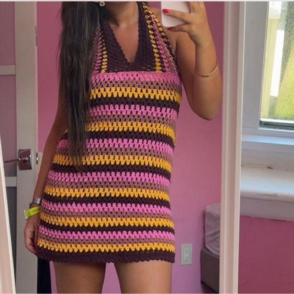 Crochet Halter Mini Dress in Pink, Mustard & Brown